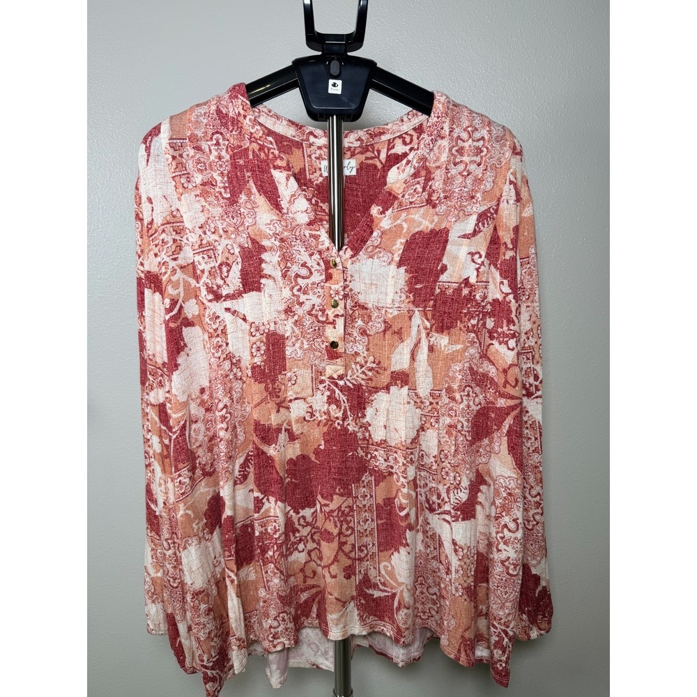 Wonderly Blouse‎ Womens 2XL Red Orange Floral Print Long Sleeve Button Front